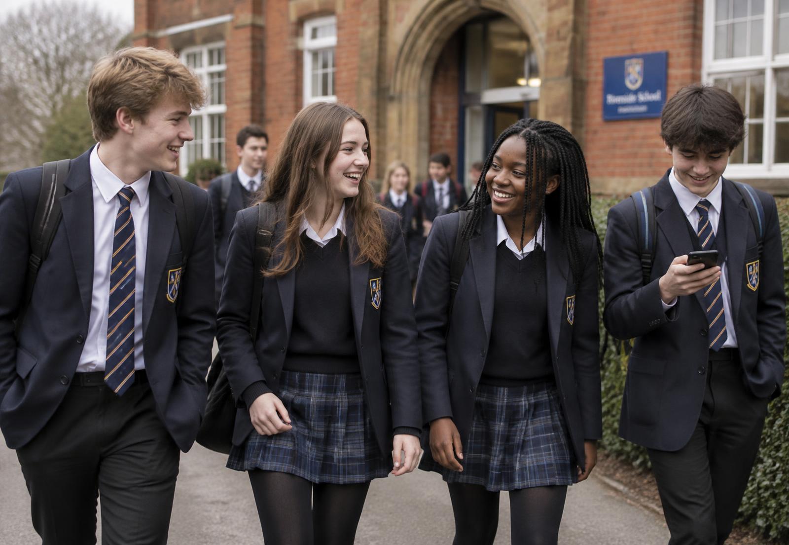 School students in uniform walking and chatting outside their school